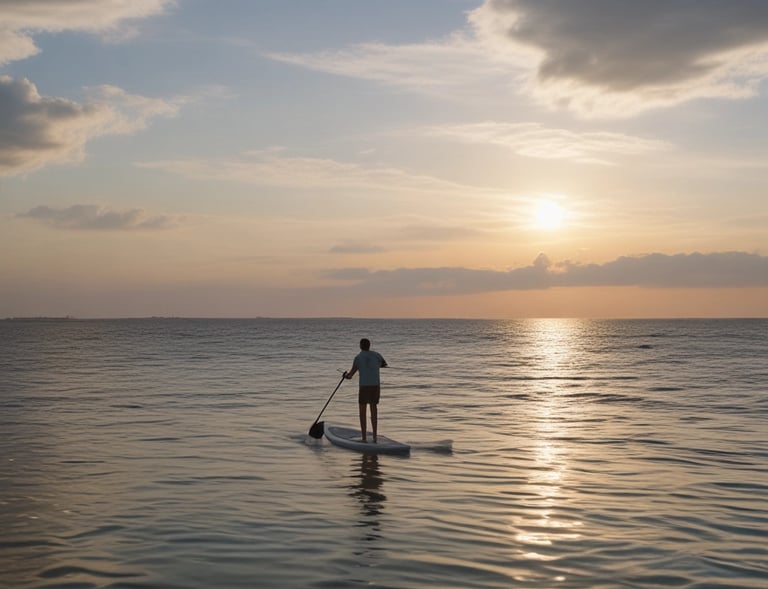 A bright paddleboard resting on the sandy shore with calm marsh waters in the background.