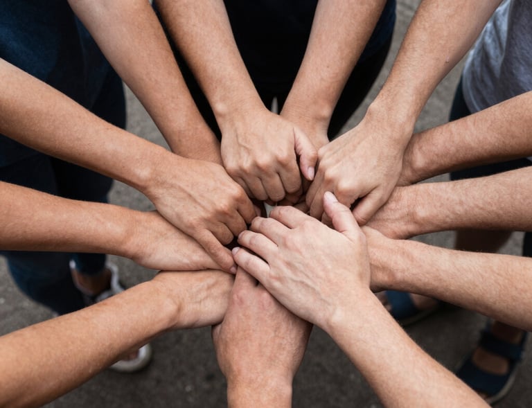 Community members warmly greeting each other before starting a Sunday service in a cozy church setting.