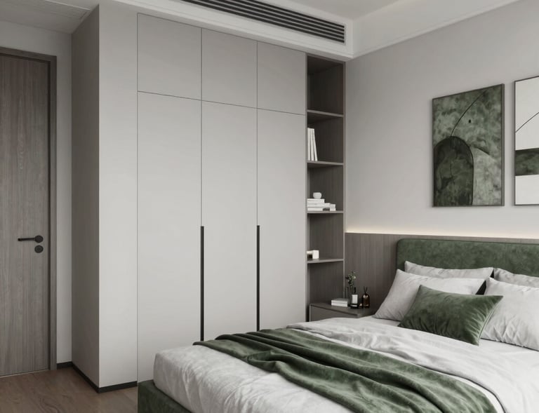 An inviting bedroom with a mix of textures including a knitted throw, velvet pillows, and a rustic wooden headboard.