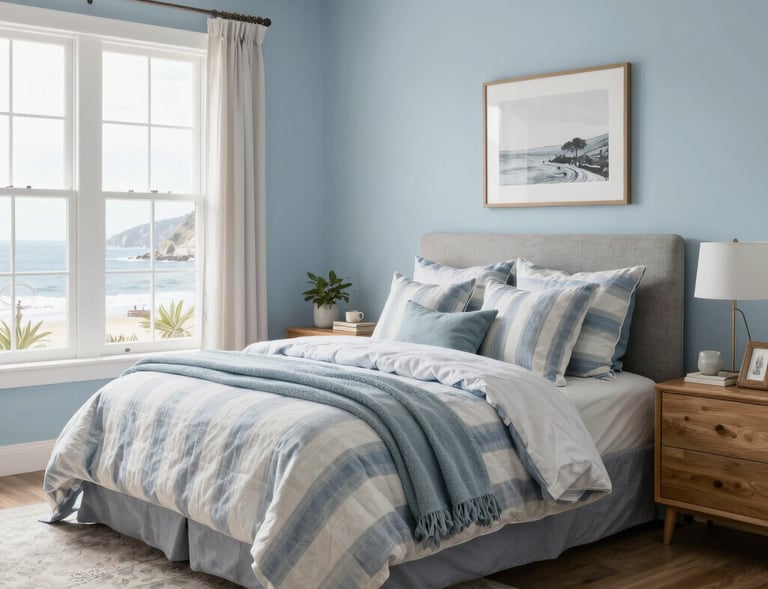 A minimalist bedroom featuring warm wooden accents, a plush area rug, and a small indoor plant on the nightstand.