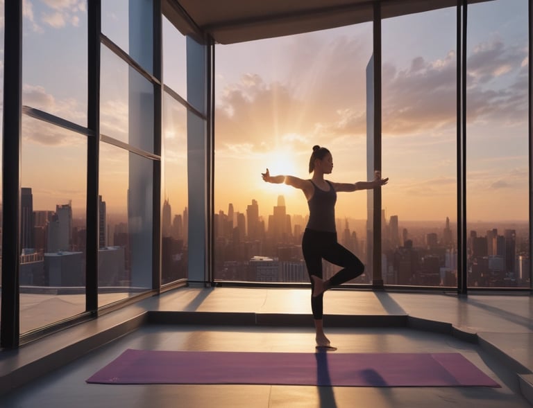 A serene shot of a professional athlete stretching in a minimalist recovery lounge bathed in soft natural light.