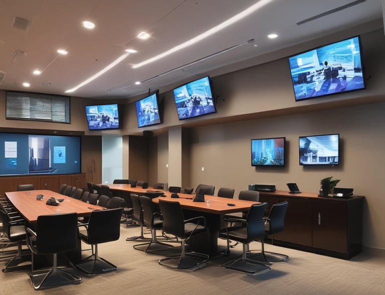 An installed display glowing softly in a dimly lit conference room, ready for presentations.