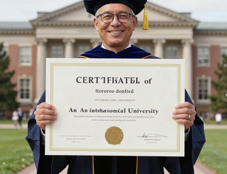A web profile page displayed on a laptop screen showcasing an honorary doctorate recipient’s biography.