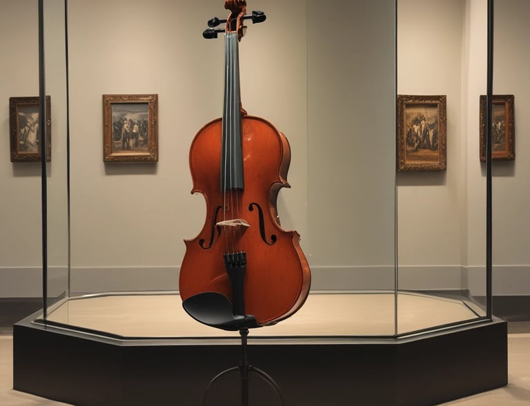 An intermediate professional-grade violin displayed on a minimalist black stand against a soft white background, showcasing its elegant design.