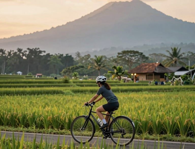 A group of tourists enjoying a scenic ride through lush rice terraces on motorcycles.
