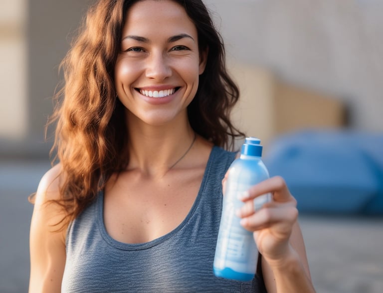 A sleek BPA-free water bottle resting on a gym bench with soft natural light highlighting its modern design.