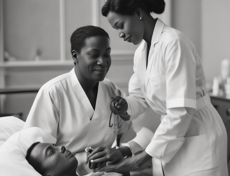 A compassionate nurse gently assisting an elderly patient in a bright, welcoming care home room.