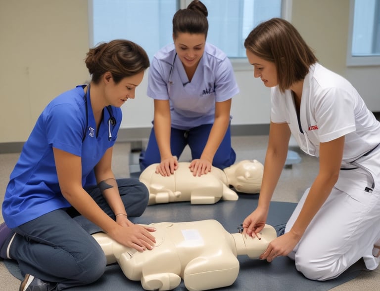 A smiling nurse providing friendly support to an older adult during a home care visit surrounded by soft blue and green tones.