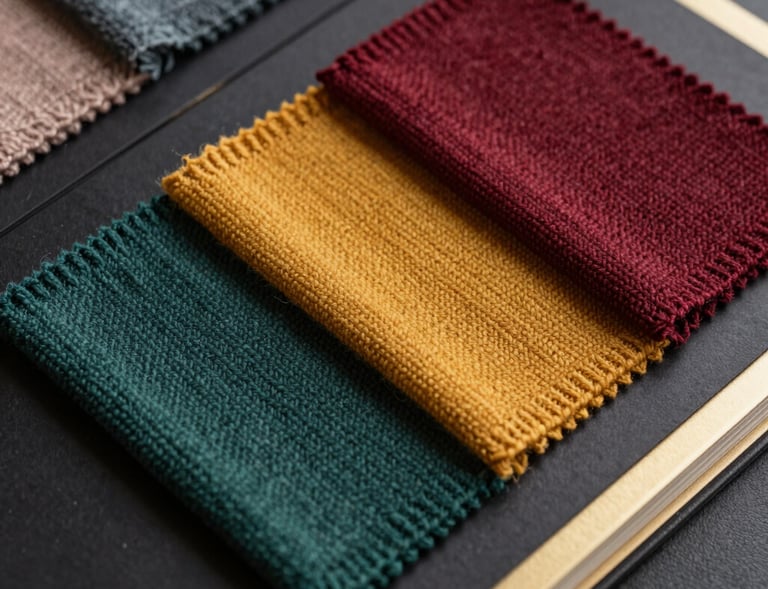 Close-up of  fabric swatches in rich colors laid out in an elegant black and gold folder.