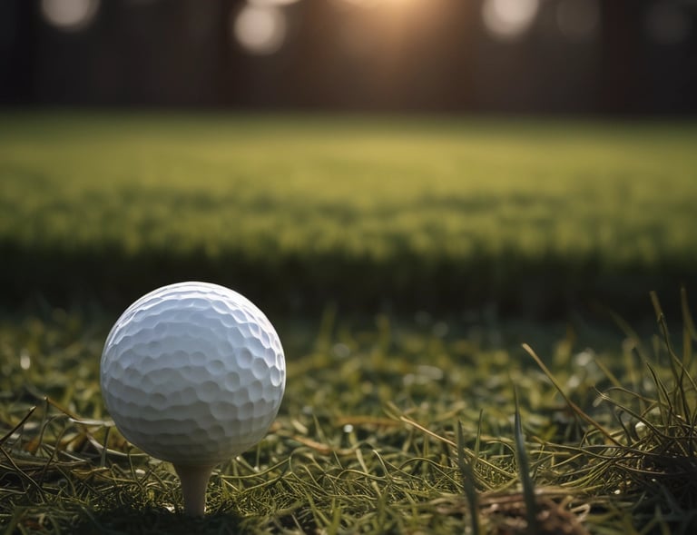 A bold black golf ball resting on a sharp tee against a stark, textured background suggesting grit.