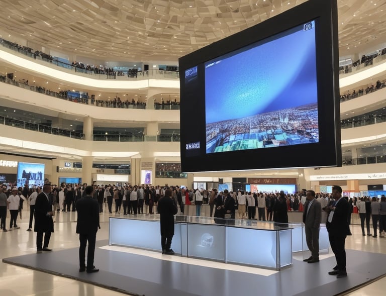 A vibrant outdoor event in Riyadh with colorful lighting and a lively crowd.