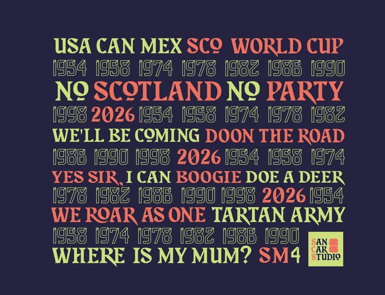 Scottish Inspred Tartan Army phrases and the years Scotland have qualified for the World Cup
