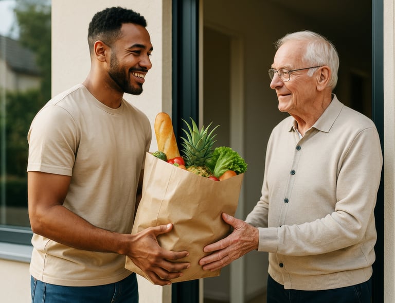A younger adult helping an older adult with groceries bag