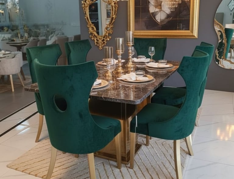 Luxury dining room set featuring emerald green velvet chairs and a marble table under a crystal chandelier.