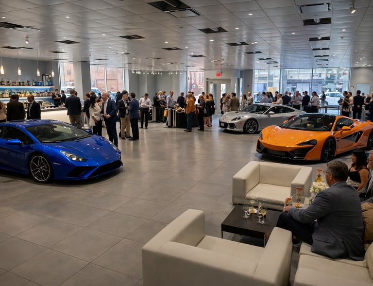 Luxury car showroom event featuring a blue Lamborghini, orange McLaren, and silver Porsche with guests networking.