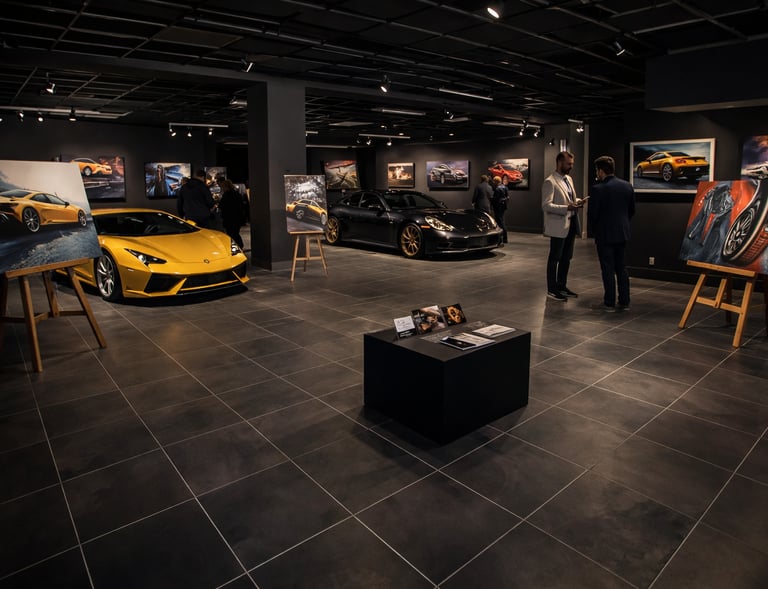 Luxury sports car art gallery exhibition featuring a yellow Lamborghini and automotive paintings.