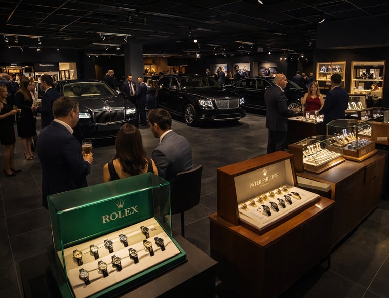 Luxury event featuring Rolex and Patek Philippe watches displayed near high-end cars in a boutique.