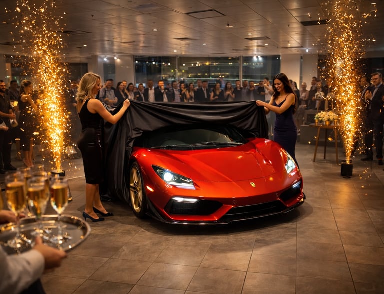 Red luxury supercar reveal event with sparklers and models unveiling the vehicle for a crowd.