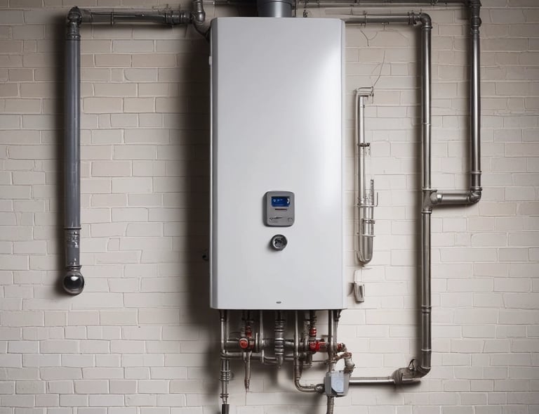 Close-up of a boiler system being serviced by a professional in a residential setting.