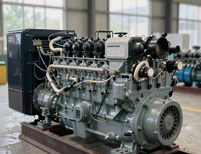 Technician performing maintenance on a large generator in an industrial setting.