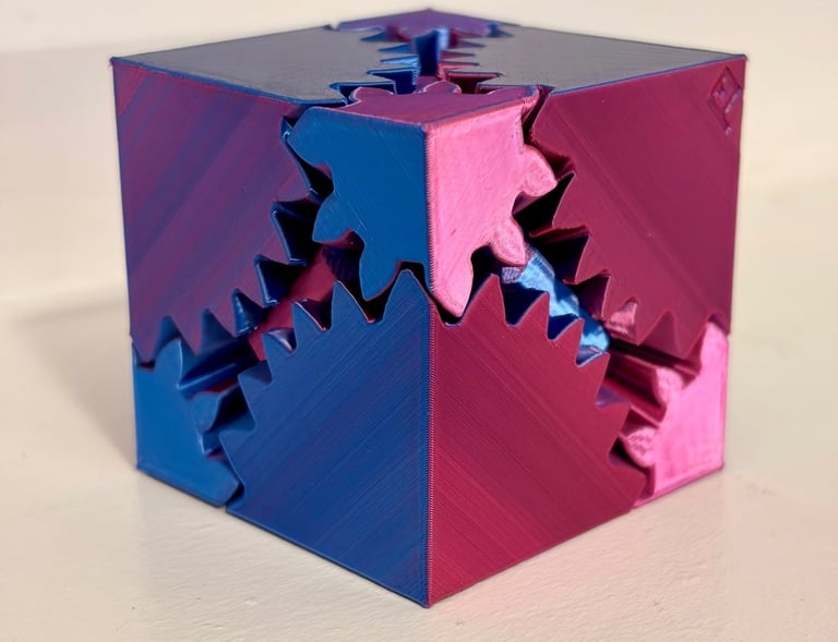 Gear Cube fidget in Silk filament Blue Magenta