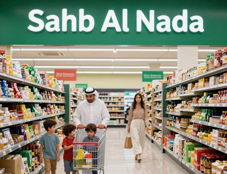 Bright and inviting interior of Sahb Al Nada supermarket with well-stocked aisles.