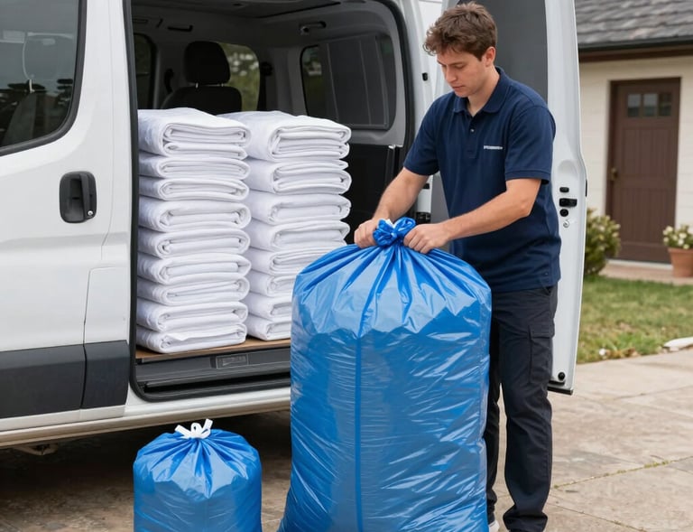 Stack of neatly folded white hotel linens in a bright laundry facility.