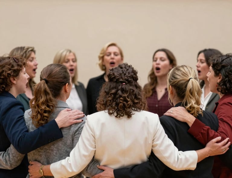 A warm, inviting circle of participants engaged in a live online IFS workshop, faces glowing with connection.