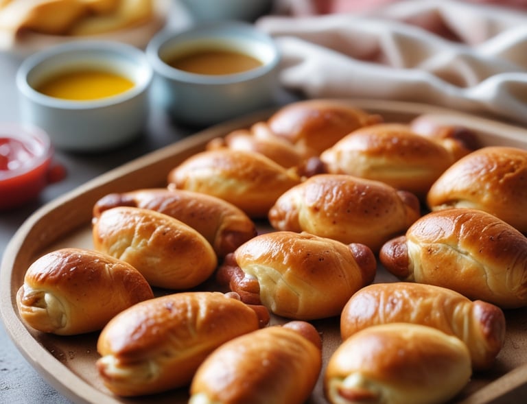 A festive spread featuring pigs in a blanket alongside colorful party snacks.