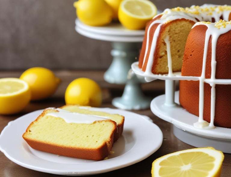 A whole lemon pound cake dusted with powdered sugar on a rustic wooden board.