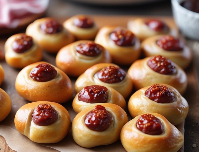 A hand reaching for a warm pig in a blanket from a platter.