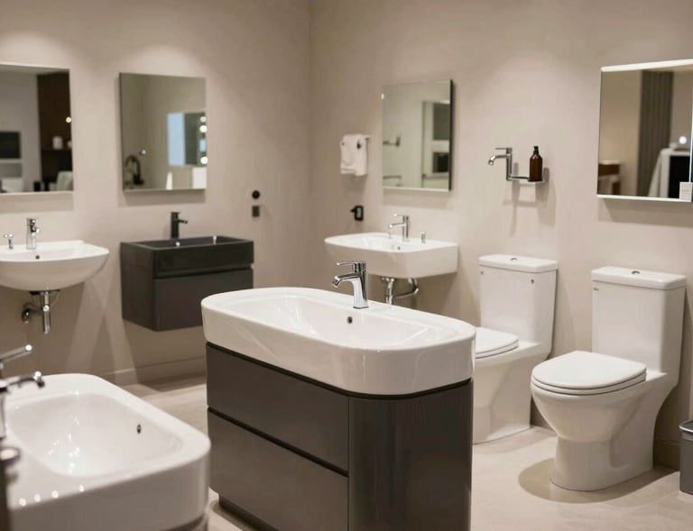 A professional wide-angle interior showcase of luxury bathroom fittings, elegant washbasins, and modern toilets in a sophisticated Iraqi retail environment, clean lighting.