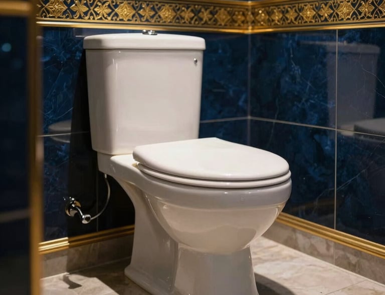 Beautiful modern Middle Eastern bathroom with a dark blue and gold theme, featuring a high-quality ceramic Western toilet and dynamic lighting, luxury setup, real-world photography.
