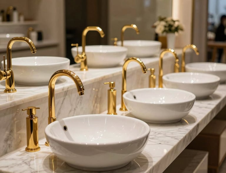 Elegant rows of gold-plated faucets and designer countertop washbasins on solid marble displays under warm golden spotlights inside a luxury Iraqi showroom.