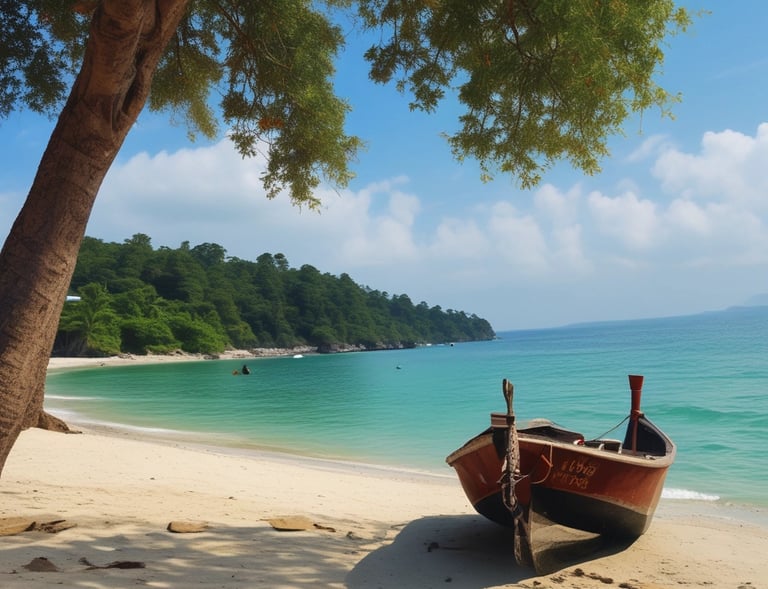 A serene sunrise over a quiet beach, with soft waves gently touching the shore.