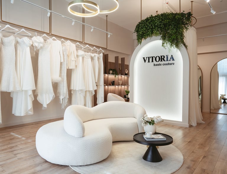 Luxury bridal boutique interior with elegant white wedding dresses, a curved bouclé sofa, and Vitoria Haute Couture branding.