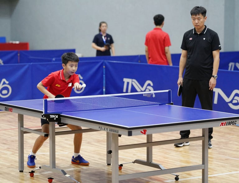 A Sri Lankan table tennis academy session, with coaches demonstrating techniques to attentive students.