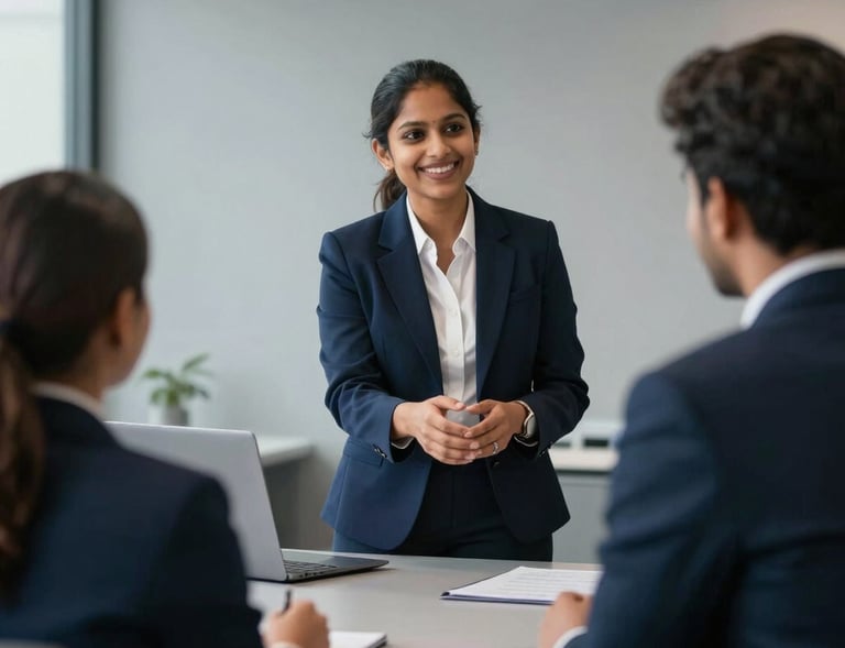 A smiling South Asian / Indian HR administrator welcoming visitors at a modern, polished corporate desk. Clean cool slate gray and deep navy blue palette.