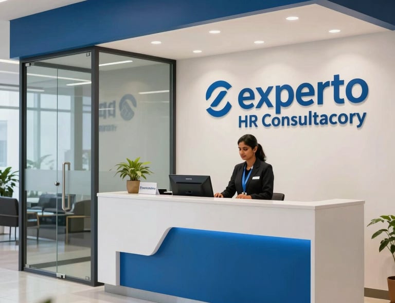 Modern reception lobby area of Experto HR Consultancy, corporate blue branding elements on the wall, glass doors, minimalist decor, South Asian / Indian receptionist at work, commercial architectural photography.