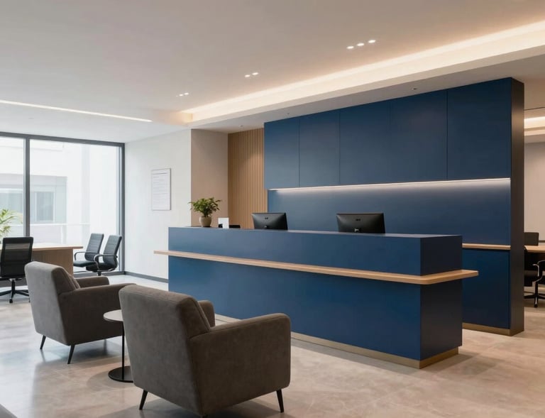 Wide-angle interior shot of a modern, stylish HR consultancy reception area in Ghaziabad, India. Clean lines, sleek corporate blue and slate gray minimalist furniture, warm ambient lighting.