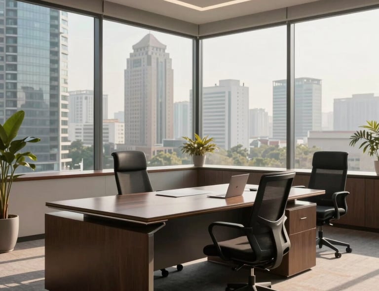 A sleek executive office cabin with high-end desks, overlooking Noida high-rises, bright professional corporate ambiance, Indian office style, glowing soft morning light.