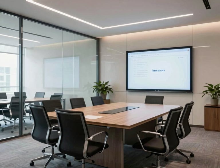 A brightly lit modern meeting room in a corporate building in Uttar Pradesh, India, with glass walls, ergonomic chairs, and a sleek presentation screen.