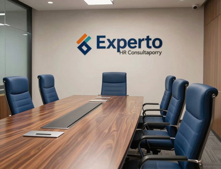 Corporate board room at Experto HR Consultancy, featuring a long polished walnut table and premium blue ergonomic executive chairs, professional corporate lighting, Ghaziabad office interior.