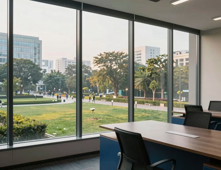 A modern executive office room with large glass windows overlooking a neat urban corporate park in Ghaziabad, India. Warm natural lighting, classic corporate blue and cool slate gray office details.