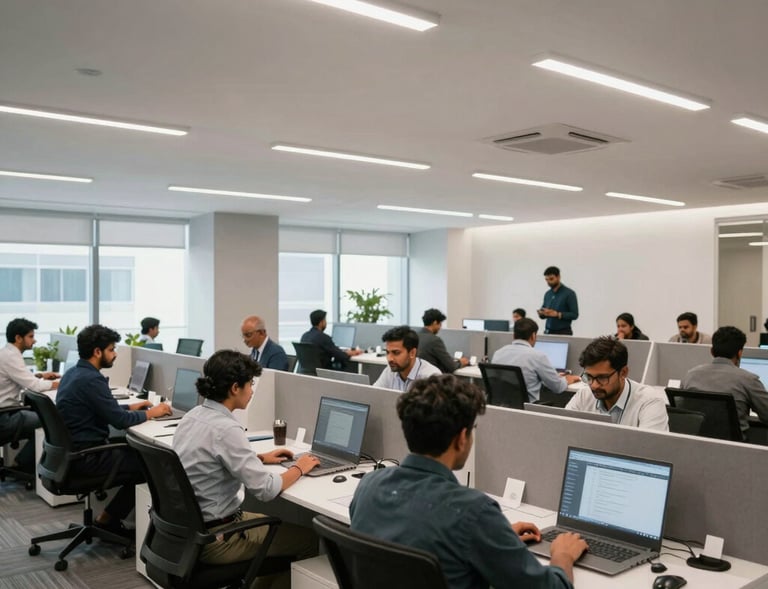 A dynamic open-plan co-working space inside a high-tech corporate office in Ghaziabad, Uttar Pradesh, India, showing professional Indian workers collaborating at long desks, clean design.