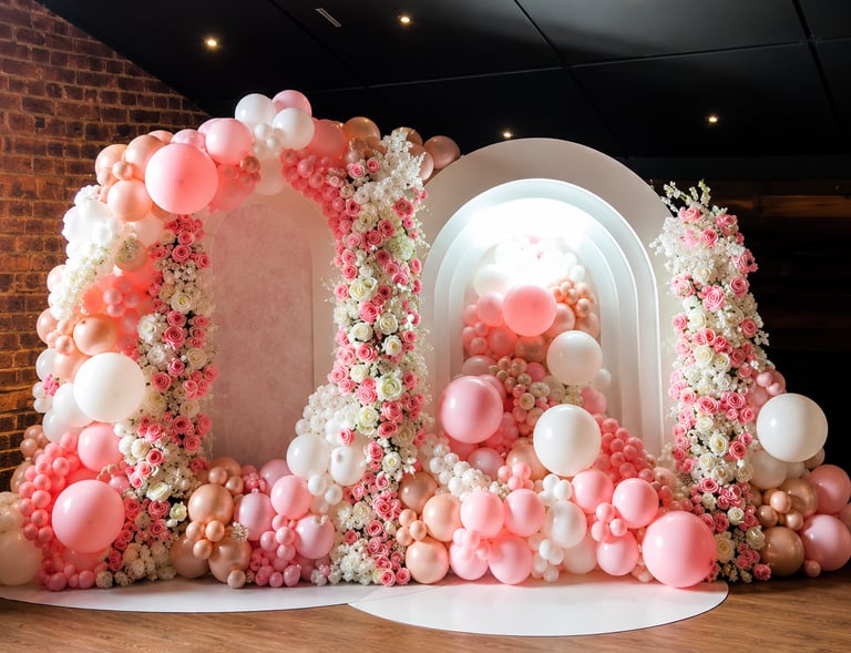 Elegant pink and white balloon arch with floral arrangements for a luxury event backdrop.