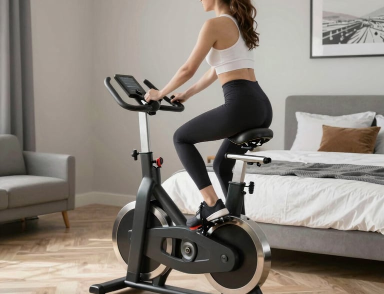 A sleek treadmill set up in a bright, airy living room with natural light streaming through large windows.