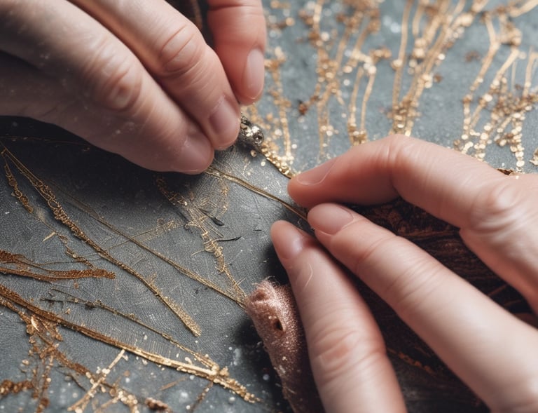 A close-up of hands sewing natural fiber fabric with delicate care.