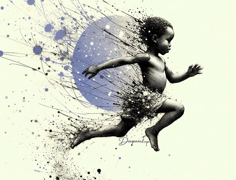 expressive ink artwork of an African child suspended in motion, full of energy, curiosity, and quiet