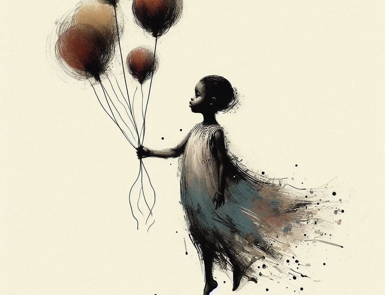 a girl in a dress floating with balloon in her hand